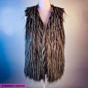 BROWN + WHITE STRIPED SHAG FAUX FUR HIPPIE VEST - WOMENS SMALL MEDIUM